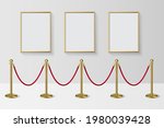 Golden frames for picture with gold stanchions barrier. Mock up template for famous painting vector illustration. Realistic scene with fence and wall indoor on white background.