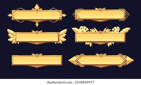 Golden frames set decorated with gem, leaves, feathers. Vector cartoon royal buttons. Bronze metallic rectangular border for fantasy RPG gaming. Vintage gold metal elements for interface ui ux game.