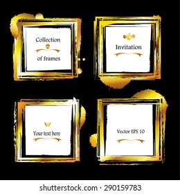 Golden frames. Set of Gold square borders. Grunge gold ink paint and blot. Vector. El dorado, art concept. Design elements. Gold brush strokes on black background. Eps 10.