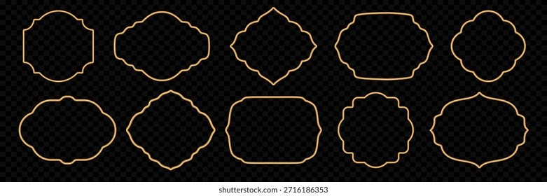 Goldene Rahmen im orientalischen Stil. 3D islamische Zierleiste, indisches Dekorationselement, arabische Form. Vektor für Ramadan Grußkarte, Design Zertifikat, Badge, Vignette, Stempel, Auszeichnung, Label