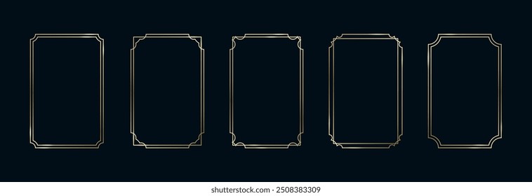 Conjunto de Quadros Dourados. Thin Line Gold Borders coleção minimalista de luxo. Retângulos geométricos de contorno de latão vetor premium. Banners decorativos lineares com fundo preto. Isolado