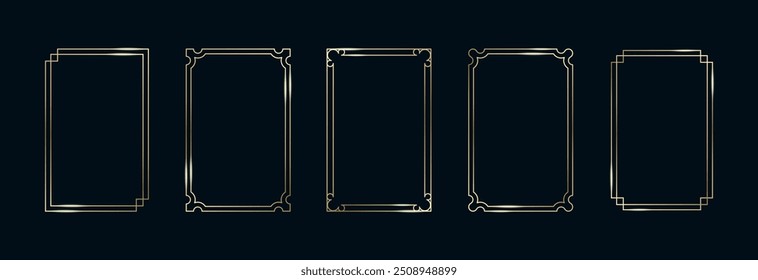 Conjunto de Quadros Dourados. Thin Line Gold Borders coleção minimalista de luxo. Retângulos geométricos de contorno de latão vetor premium. Banners decorativos lineares com fundo preto. Isolado