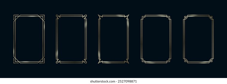 Conjunto de Quadros Dourados. Thin Line Gold Borders coleção minimalista de luxo. Retângulos geométricos de contorno de latão vetor premium. Banners decorativos lineares com fundo preto. Isolado