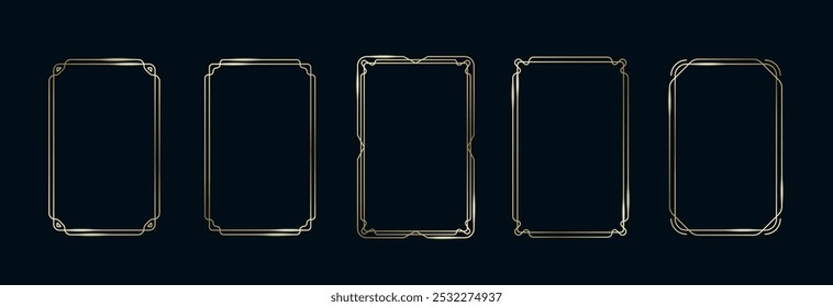 Conjunto de Quadros Dourados. Thin Line Gold Borders coleção minimalista de luxo. Retângulos geométricos de contorno de latão vetor premium. Banners decorativos lineares com fundo preto. Isolado