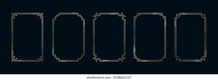 Conjunto de Quadros Dourados. Thin Line Gold Borders coleção minimalista de luxo. Retângulos geométricos de contorno de latão vetor premium. Banners decorativos lineares com fundo preto. Isolado