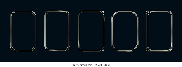 Conjunto de Quadros Dourados. Thin Line Gold Borders coleção minimalista de luxo. Retângulos geométricos de contorno de latão vetor premium. Banners decorativos lineares com fundo preto. Isolado