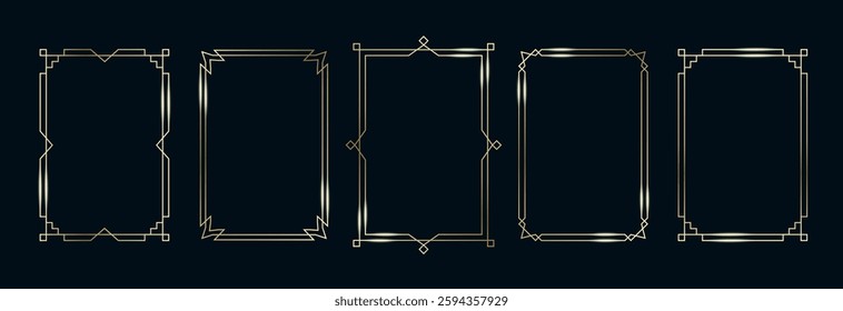 Golden Frames Set. Thin Line Gold Borders Luxury Minimalist Collection. Premium Vector Brass Outline Geometric Rectangles. Linear Decorative Banners with Black Background. Isolated