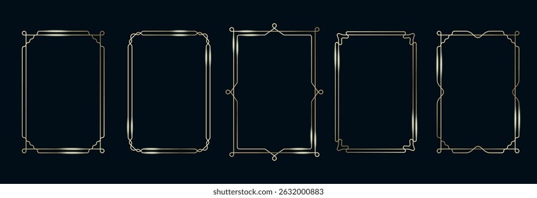 Golden Frames Set. Thin Line Gold Borders Luxury Minimalist Collection. Premium Vector Brass Outline Geometric Rectangles. Linear Decorative Banners with Black Background. Isolated