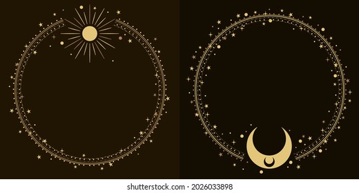 Golden frames. Shimmering stars, moon and sun on night sky. Greeting card, wedding, invitation template background with round border. Mystical esoteric composition.