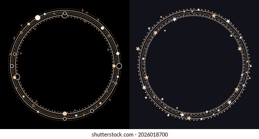 Golden frames. Shimmering stars on night sky. Greeting card, wedding, invitation template background with round border. Space esoteric composition. Mystical esoteric composition.