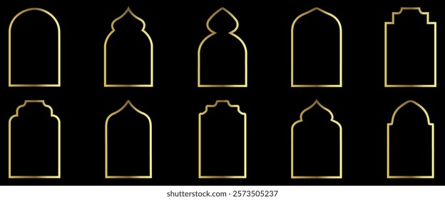 Golden Frames vector Set. Thin Line Gold Borders Luxury Minimalist Collection. hin line oval and rectangle set for invitation decoration. Vector illustration isolated on black background.