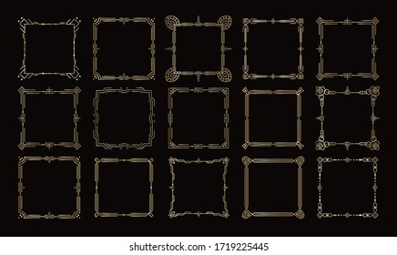 Golden frames, victorian geometric borders set, royal vector corners and lines on black background