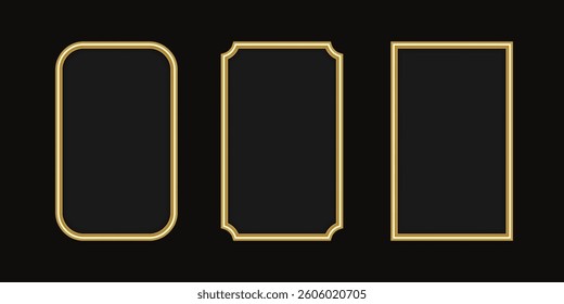 Golden Frames for wedding invitation. Golden frames with shine effect in art deco style. Thin line oval and rectangle set for invitation decoration.