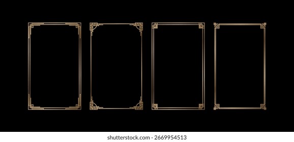 Golden Frames for wedding invitation. Golden frames with shine effect in art deco style. Thin line oval and rectangle set for invitation decoration.