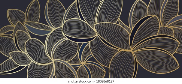 Golden Frangipani botanical modern art deco wallpaper background vector. Line arts background design for interior design, vector arts, fashion textile patterns, textures, posters, wrappers, gifts etc.