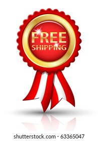 Golden FREE SHIPPING tag with ribbons, vector