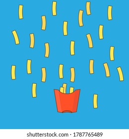 Golden french fries falling down in a red box on blue background. Fast food illustration. Funny and tasty frites. 