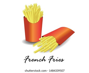 Golden French Fries in red paper box. Isolated in white background. Front view and side view. Vector Illustrator