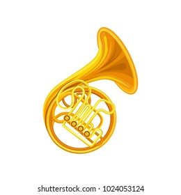 Golden french horn. Brass musical instrument with coiled tube, valves and flared bell. Flat vector element for music school poster or concept brochure