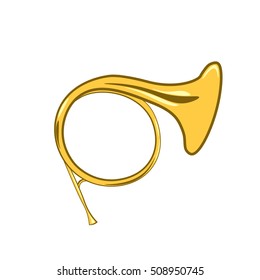 Golden french horn in hard light isolated on white background. Vector Illustration. Isolated On white Background