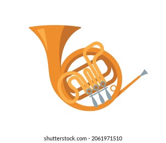 Golden French Horn icon isolated on white background. Wind musical instrument. Vector illustration of french horn in flat or cartoon style.