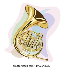 golden french horn on a colored background. brass orchestral instrument. vector, realism