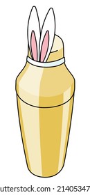 Golden French shaker bar accessory Easter edition with bunny rabbit ears. Doodle cartoon style illustration isolated on white. For specific bar menu, greeting card, poster.