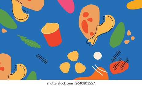 Golden fried chicken with bold sauce elements and abstract food shapes on a vibrant blue backdrop. Perfect for junk food or street food branding.