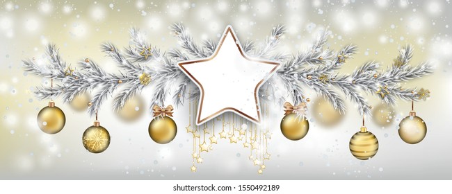 Golden frozen Christmas branches with the golden baubles, stars and the snowfall. Eps 10 vector file.