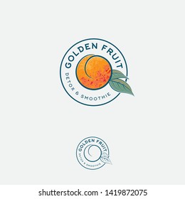 Golden Fruit Logo and Label. Apricot or Peach Fruit with Leaves on a Circle. Emblem for Juice, Detox and Smoothie.