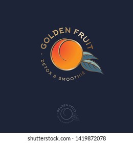 Golden Fruit Logo and Label. Apricot or Peach Fruit with Leaves on a Circle. Emblem for Juice, Detox and Smoothie.