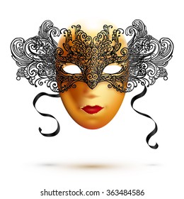 Golden full face vector carnival mask with ornate lacy black top