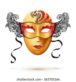Golden full face vector carnival mask with ornate lacy black sides