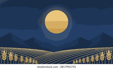 Golden full moon shining over a dark mountain range and a vast field of ripe wheat under a deep blue nocturnal sky.