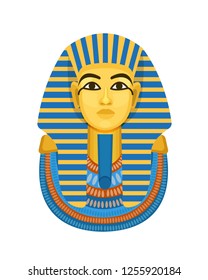 Golden funerary mask, bust of the pharaoh of ancient Egypt, Tutankhamen. International historical landmark, an ancient Egyptian artifact. Vector illustration isolated.