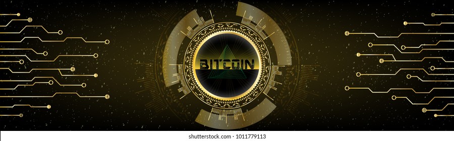 Golden Futuristic Bitcoin concept. HUD space cosmic background with numbers and lines. Banner, brochure, technological lines. Digital Cryptocurrency. Vector. Technology style dark abstract design.