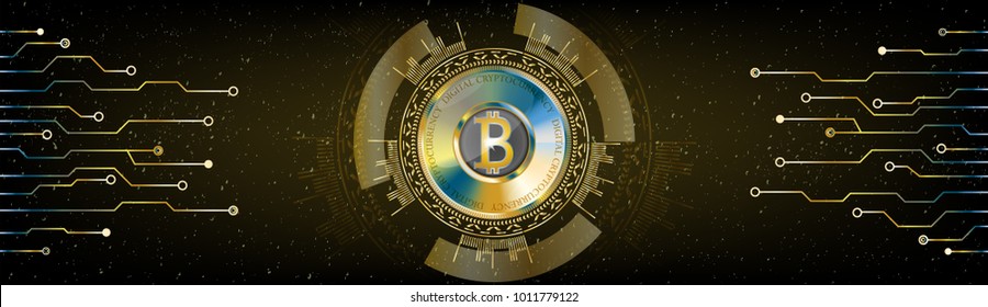 Golden Futuristic Bitcoin concept. HUD space cosmic background with numbers and lines. Banner, brochure, technological lines. Digital Cryptocurrency. Vector. Technology style dark abstract design.