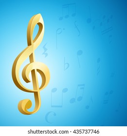 golden g clef musical key and notes over blue background. vector