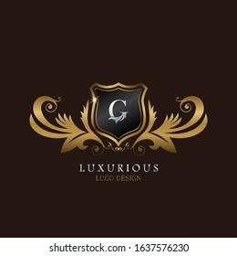 Golden G Logo Luxurious Shield, creative vector design concept for luxury business indentity.