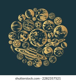 Golden galaxy planets celestial collection. Round hand drawn illustration with space symbols isolated on black background for print, poster, tattoo and greeting card.