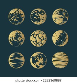 Golden galaxy planets celestial collection. Hand drawn isolated  set of 9 space design elements for print, poster and greeting card.