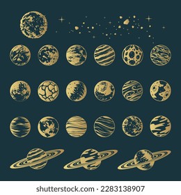 Golden galaxy planets celestial collection. Hand drawn isolated  set of 22 space design elements for print, poster and greeting card.