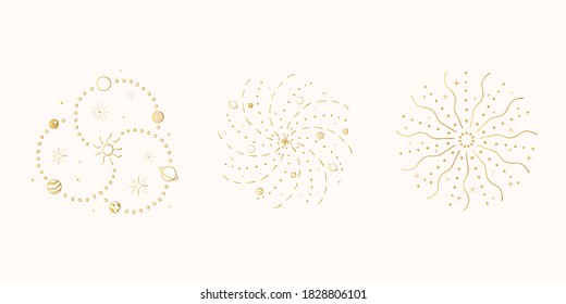 Golden galaxy with stars, bursts, suns and planets. Vector isolated universe with space sparkles. Gold sky design elements.