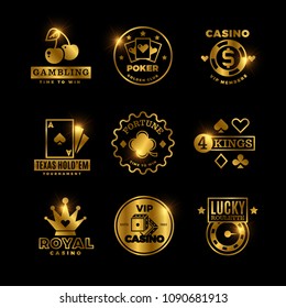 Golden gambling, casino, poker royal tournament, roulette vector labels, emblems, logos and badges. Win game poker card, emblem lucky gambling illustration