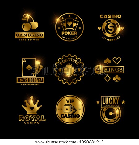 Golden gambling, casino, poker royal tournament, roulette vector labels, emblems, logos and badges. Win game poker card, emblem lucky gambling illustration