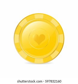 Golden gambling chip with heart suit. Realistic chip, vector illustration for website, brochure, logo, ui in applications