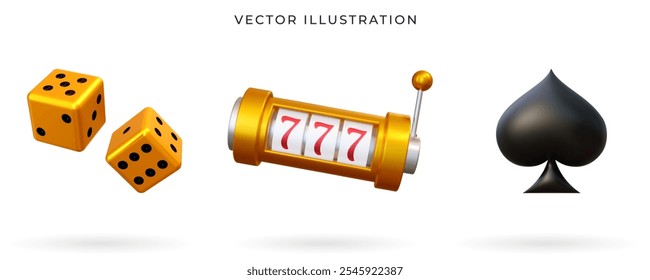 Golden gambling dice, slot machine and spades suit. Vector illustration. Game slot, dice cubes and spades suit concept. Realistic 3d icon for casino and gambling industry