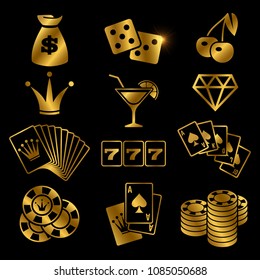 Golden gambling, poker card game, casino, luck vector icons isolated on black background. Illustration casino and poker sign, luck gamble