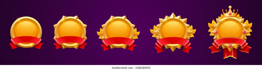 Golden Game Avatar Frames With Red Ribbons. Award Badges, Level Ui Icons. Empty Gold Banners, Isolated Bonus Graphic Elements, Reward, Trophy Achievement And Prize, Cartoon Vector Illustration, Set