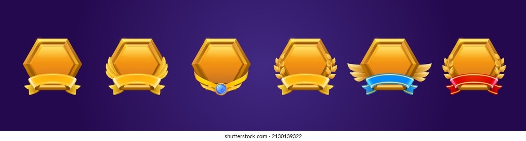 Golden game award badges, level ui icons, empty gold hexagon frames with banners, wings, gemstone and laurel wreaths. Isolated bonus graphic elements, reward, trophy achievement and prize Vector set